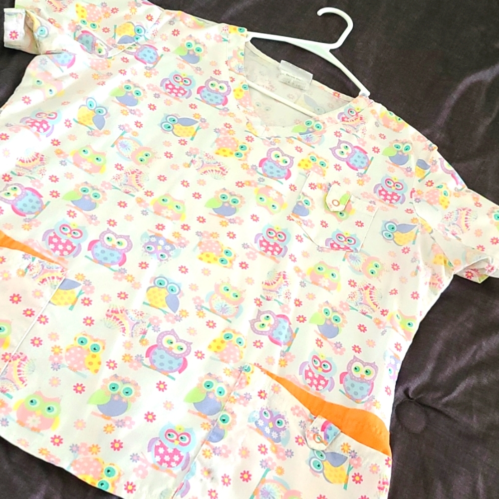 White with Colorful Owl Scrub Top